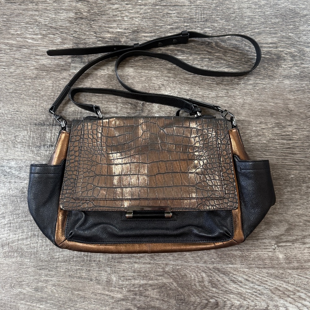 DVF Leather & Croc Fabric Metallic Double Strap Handbag